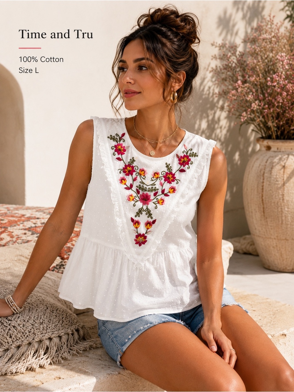 White Embroidered Floral Cotton Peplum Sleeveless Boho Blouse Women’s L